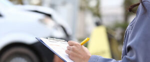 An agent fills out paperwork after car accident.