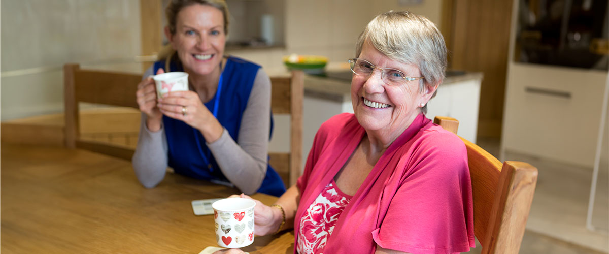 Professional Homecare Support Skills. Older lady having tea with home care worker